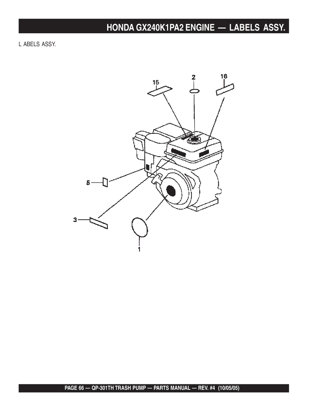 Multiquip QP-301TH manual Honda GX240K1PA2 Engine Labels Assy, Abels Assy 