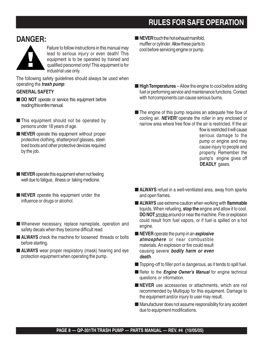 Multiquip QP-301TH manual Rules for Safe Operation, General Safety 