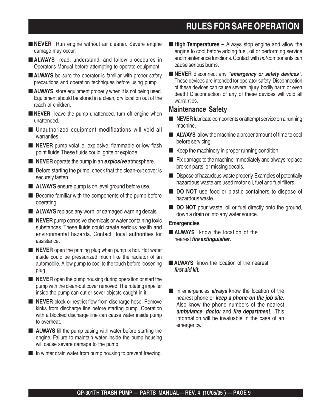 Multiquip QP-301TH manual Rules for Safe Operation 