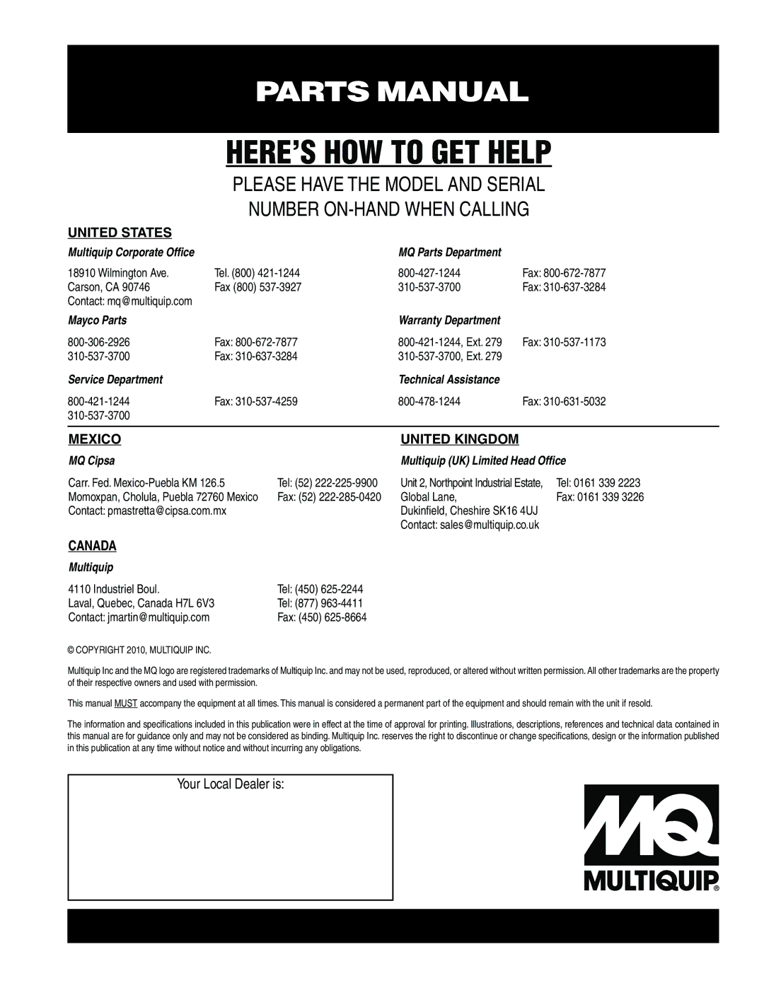 Multiquip Qp-301ty, qp-301ta manual HERE’S HOW to GET Help 