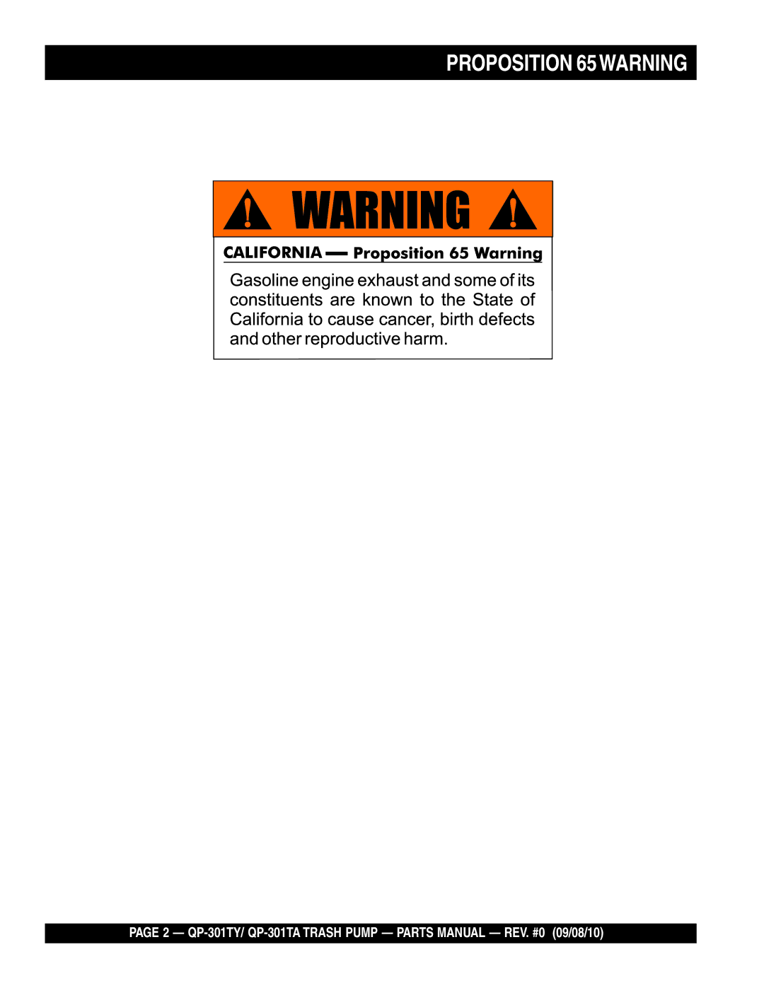 Multiquip Qp-301ty, qp-301ta manual Proposition 65WARNING 