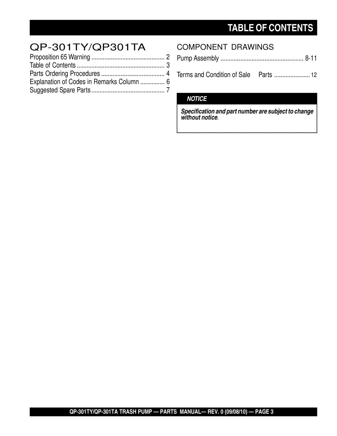 Multiquip qp-301ta, Qp-301ty manual Table of Contents 