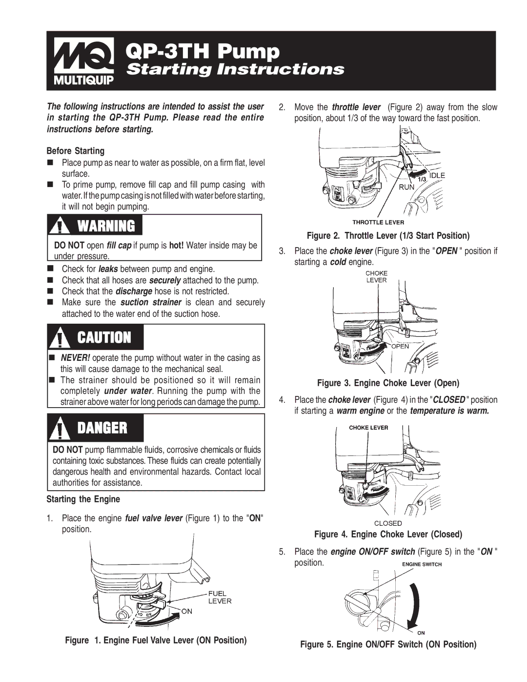 Multiquip QP-3TH manual Before Starting, „ Check that the discharge hose is not restricted, Starting the Engine 