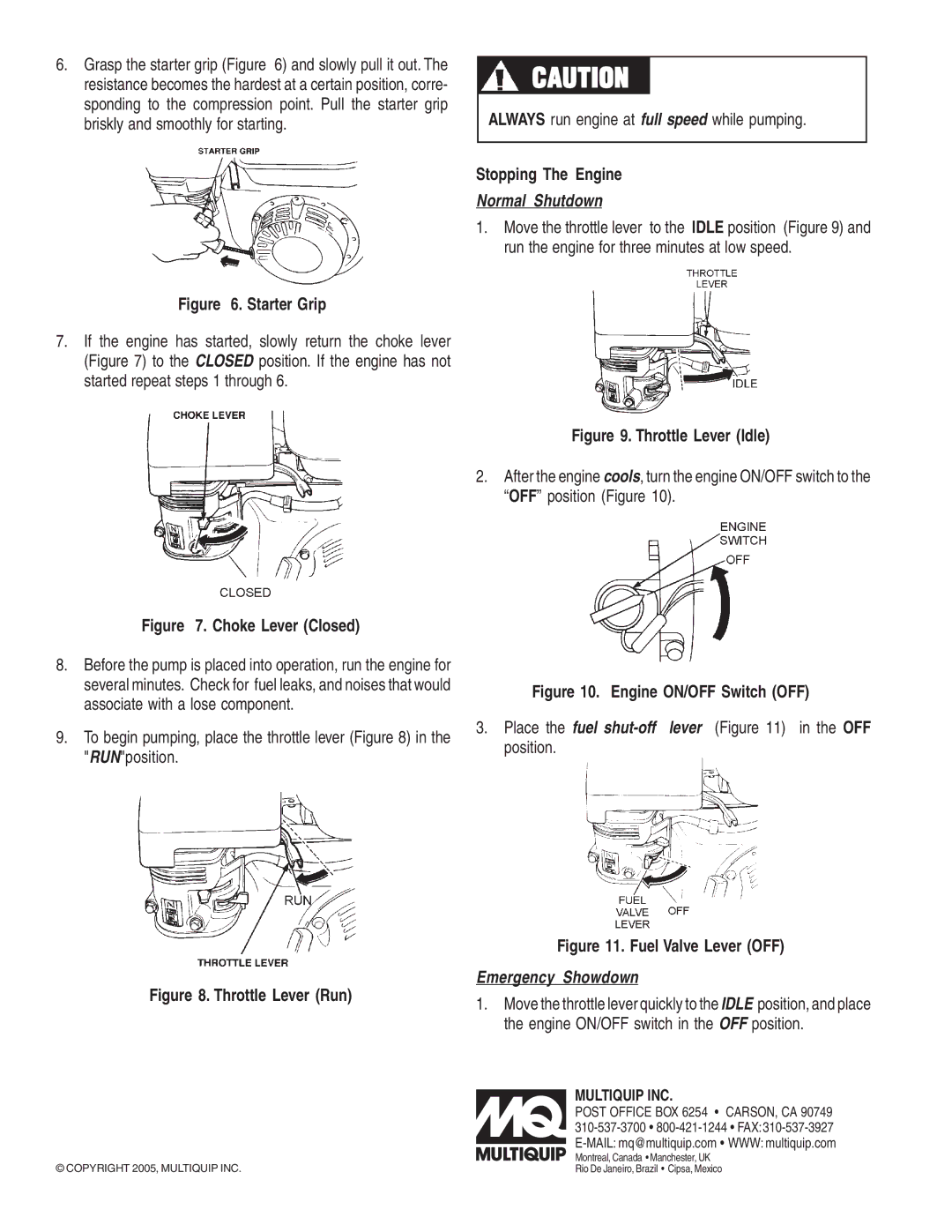 Multiquip QP-3TH Always run engine at full speed while pumping, Stopping The Engine, Normal Shutdown, Emergency Showdown 