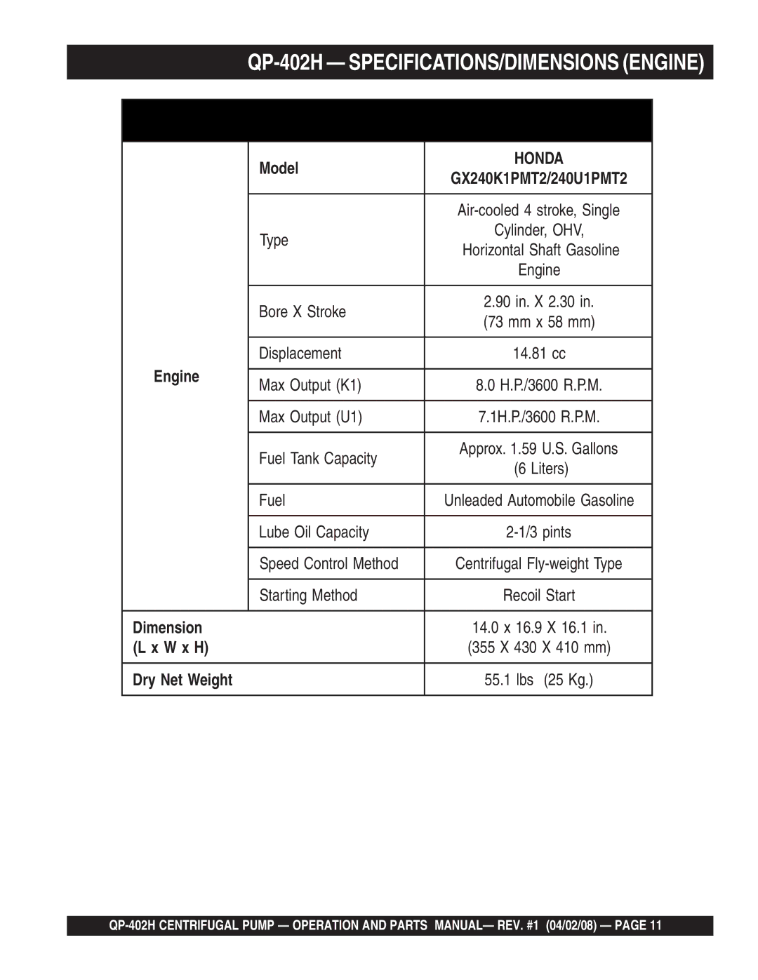 Multiquip qp-402h manual Specifications Engines, QP-402H SPECIFICATIONS/DIMENSIONS Engine 