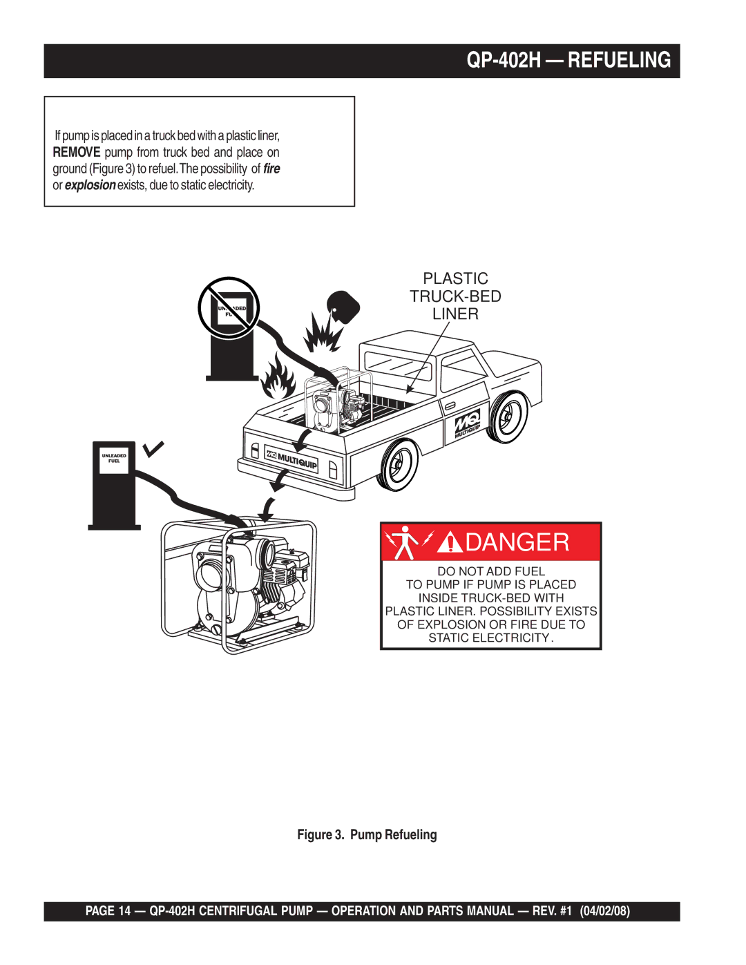 Multiquip qp-402h manual QP-402H Refueling, Plastic TRUCK-BED Liner 