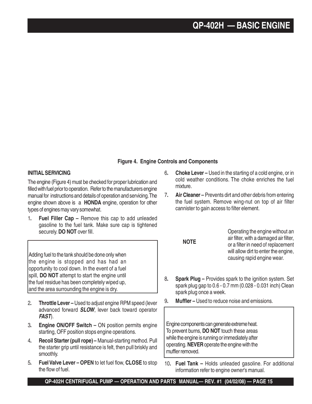 Multiquip qp-402h manual QP-402H Basic Engine, Initial Servicing 