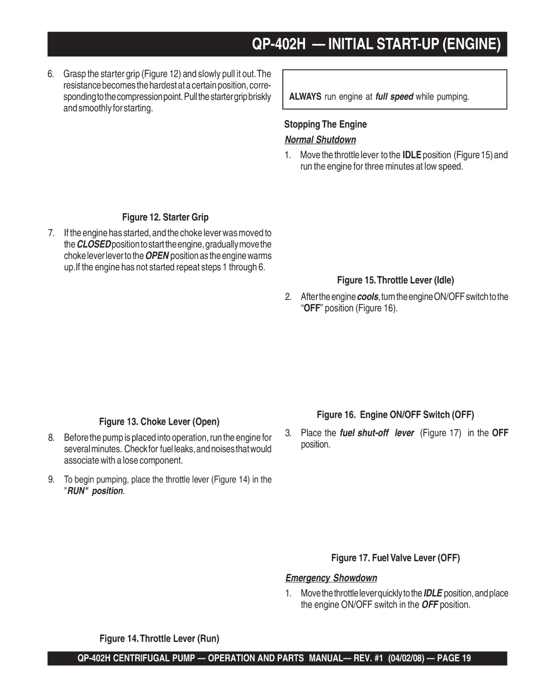 Multiquip qp-402h manual QP-402H Initial START-UP Engine, Normal Shutdown 