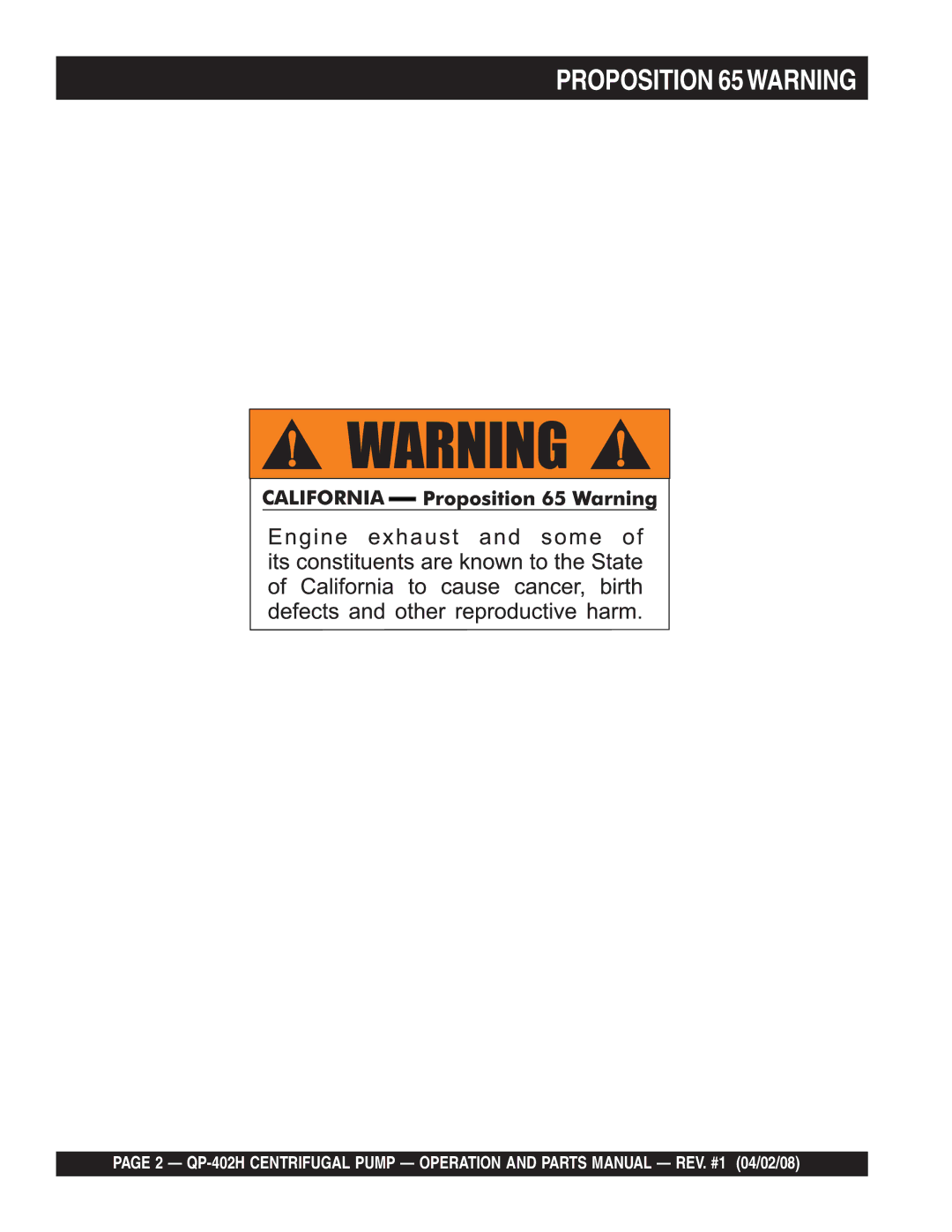 Multiquip qp-402h manual Proposition 65WARNING 