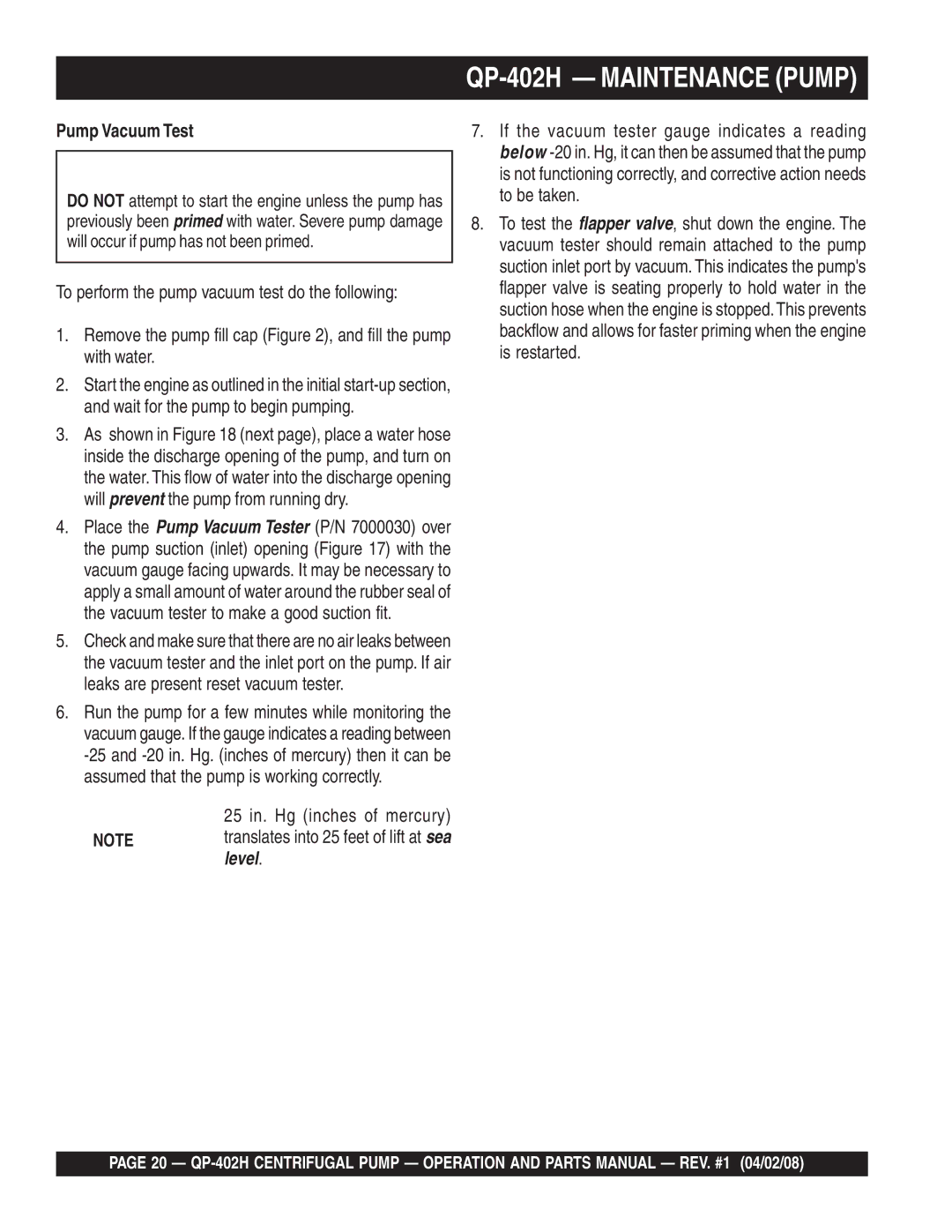 Multiquip qp-402h manual QP-402H Maintenance Pump, Pump Vacuum Test 
