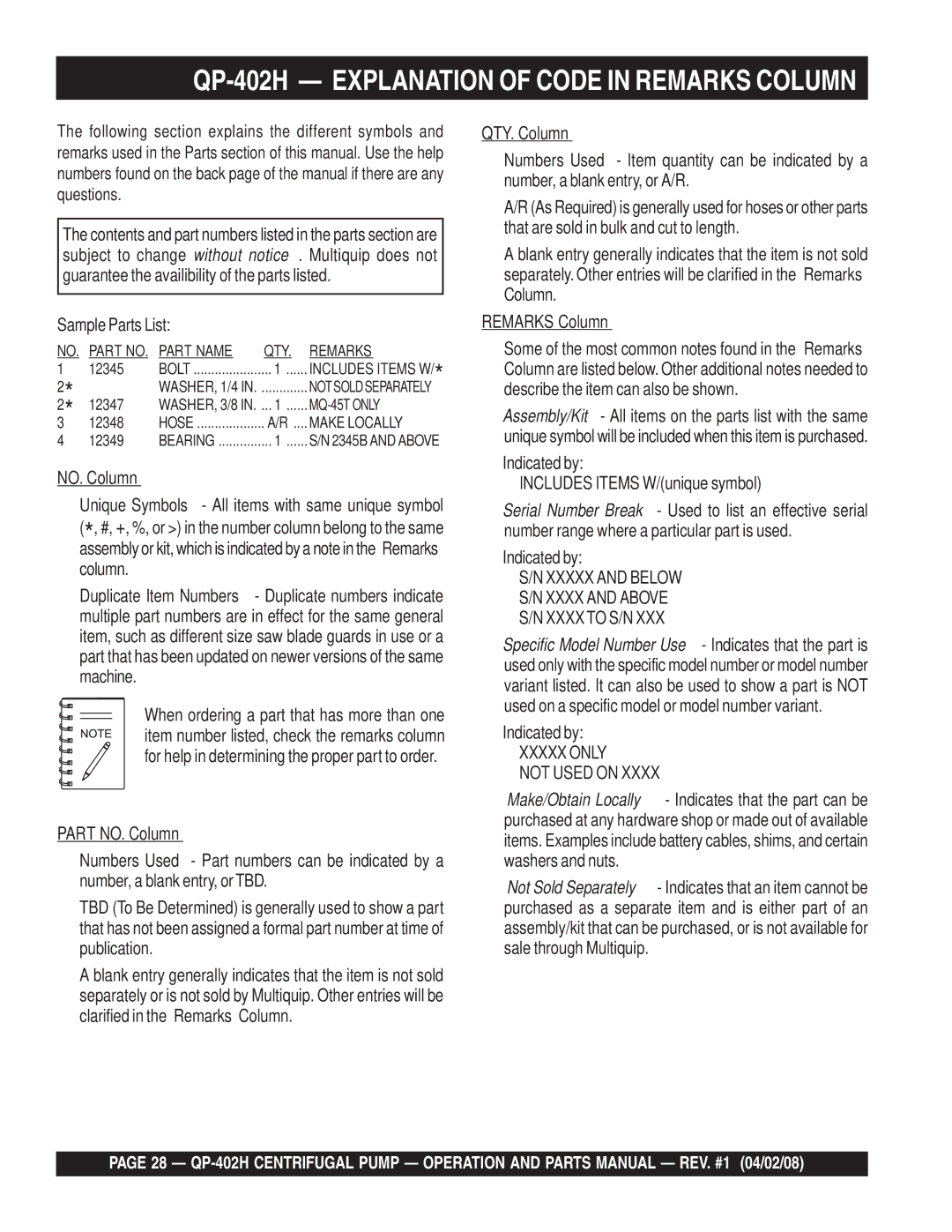 Multiquip qp-402h manual QP-402H Explanation of Code in Remarks Column, Sample Parts List 