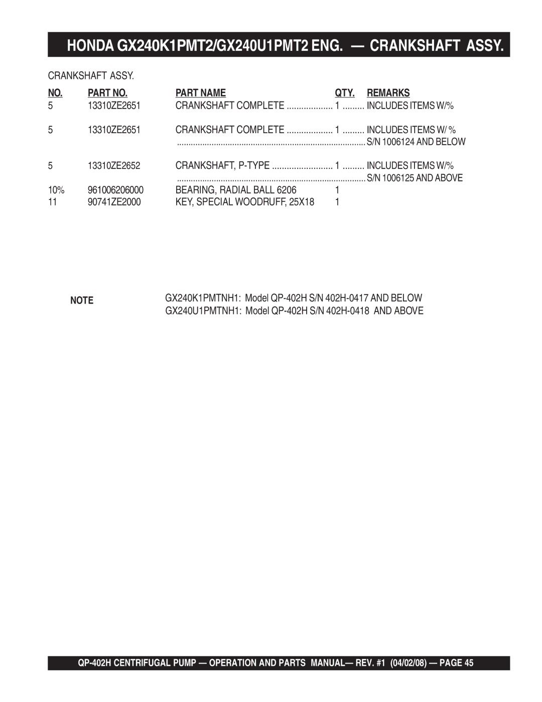 Multiquip qp-402h manual Honda GX240K1PMT2/GX240U1PMT2 ENG. Crankshaft Assy, 90741ZE2000 