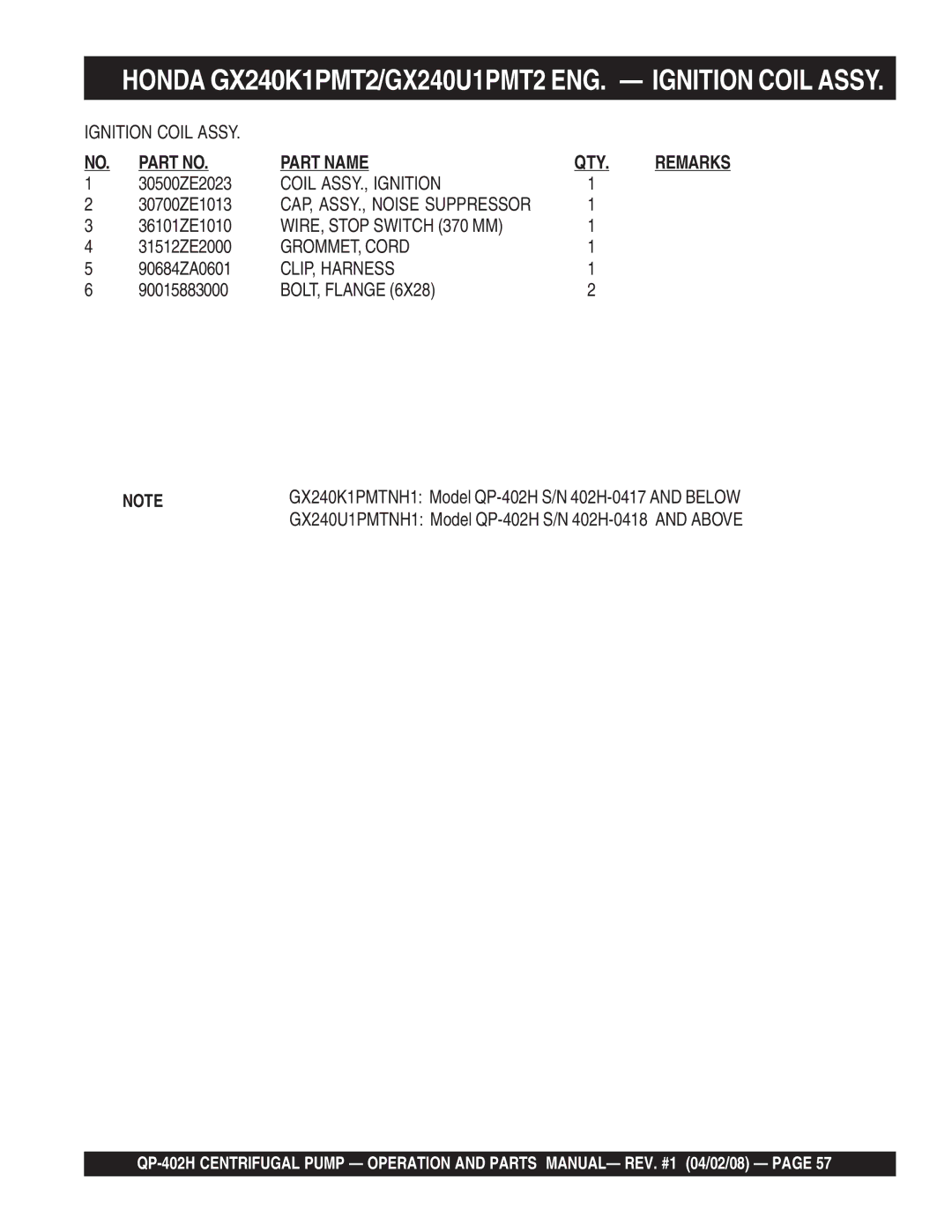 Multiquip qp-402h Honda GX240K1PMT2/GX240U1PMT2 ENG. Ignition Coil Assy, Coil ASSY., Ignition, WIRE, Stop Switch 370 MM 