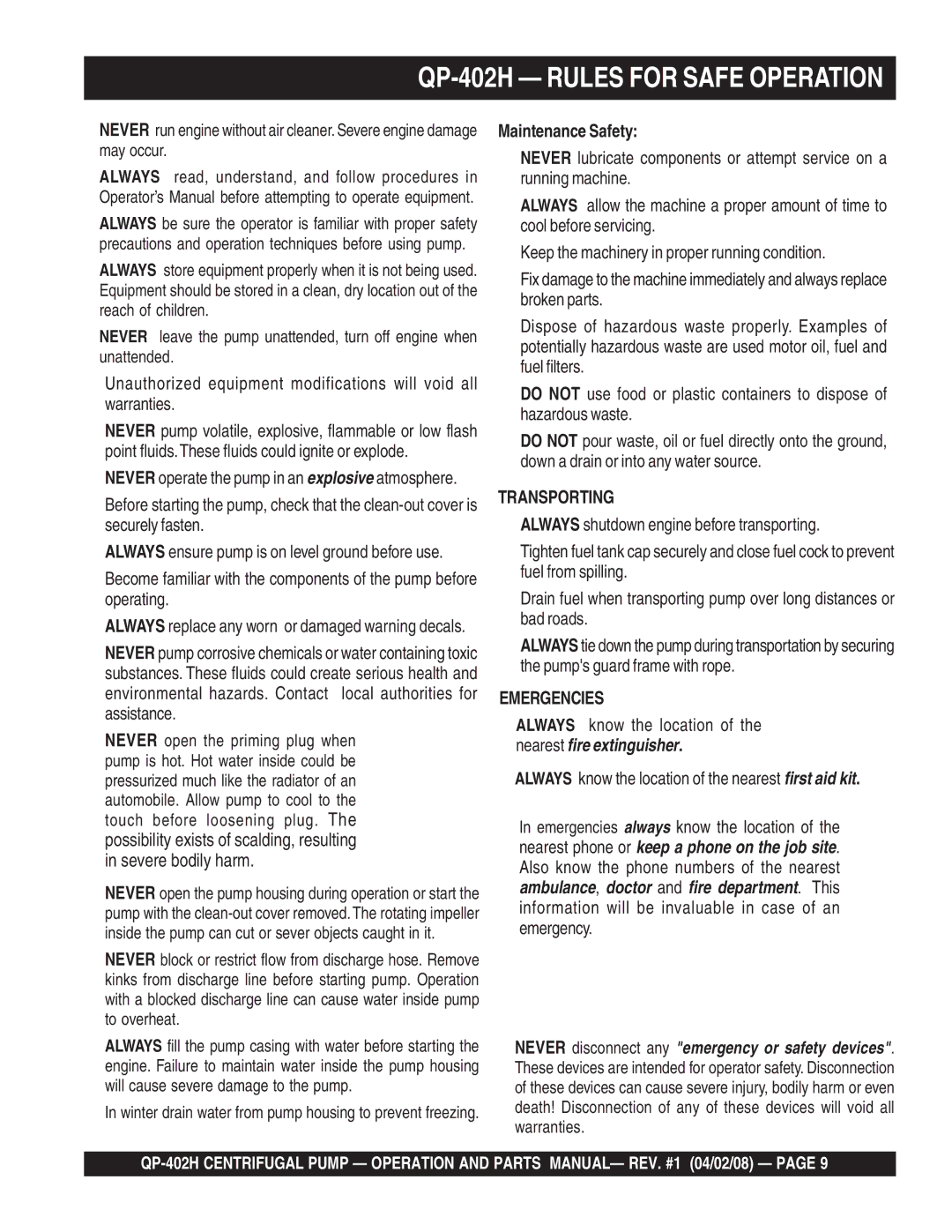 Multiquip qp-402h manual QP-402H Rules for Safe Operation, Maintenance Safety 