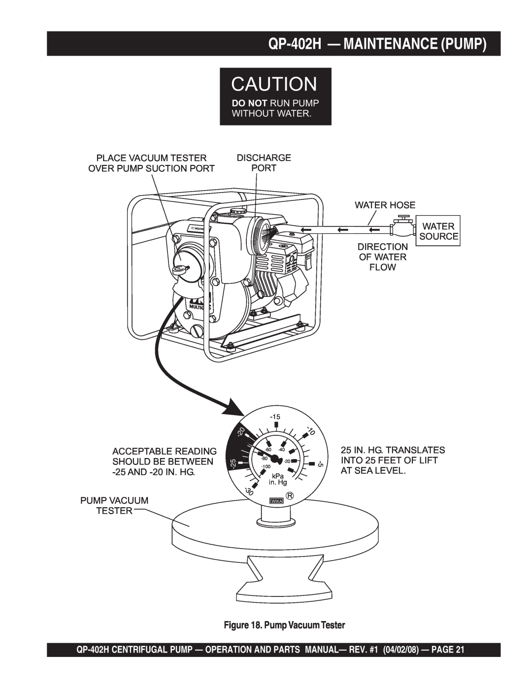 Multiquip qp-402h manual QP-402H- MAINTENANCE PUMP, Pump Vacuum Tester, Do Not Run Pump Without Water 