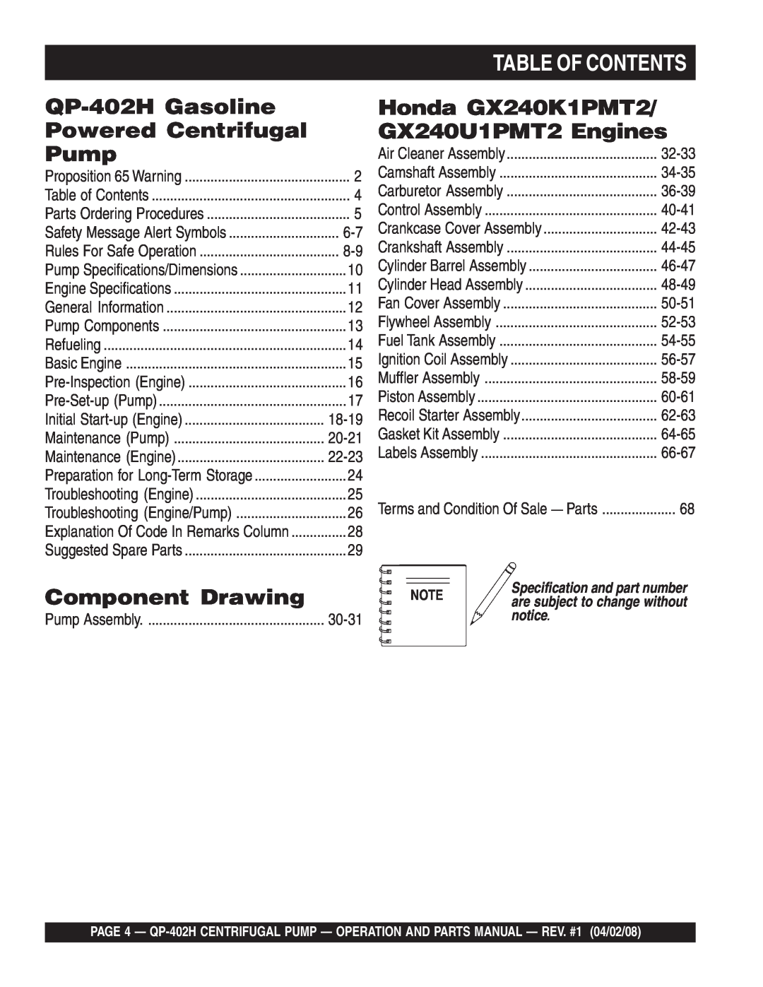 Multiquip qp-402h Table Of Contents, QP-402HGasoline, Powered Centrifugal, Pump, Honda GX240K1PMT2/ GX240U1PMT2 Engines 