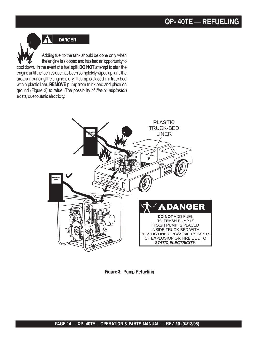 Multiquip QP-40TE manual QP- 40TE Refueling, Plastic TRUCK-BED Liner 