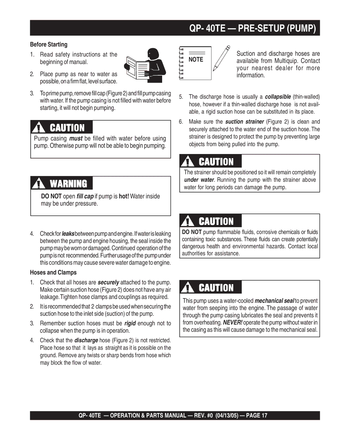 Multiquip QP-40TE QP- 40TE PRE-SETUP Pump, Read safety instructions at the beginning of manual 