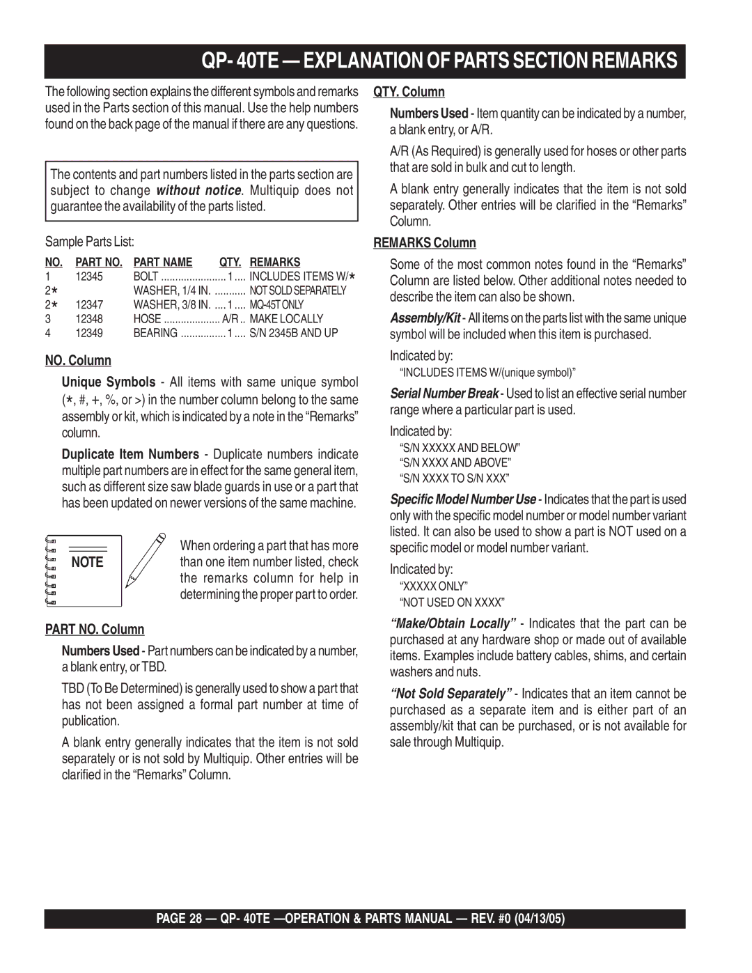 Multiquip QP-40TE manual Sample Parts List, Indicated by 