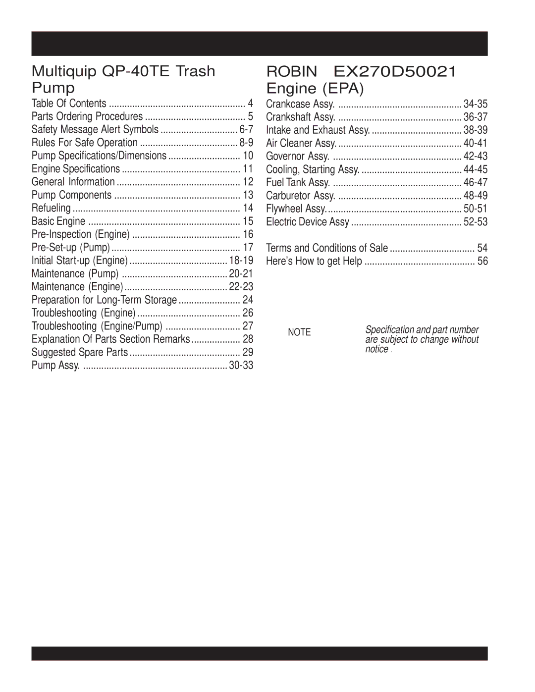 Multiquip QP-40TE manual Table of Contents 