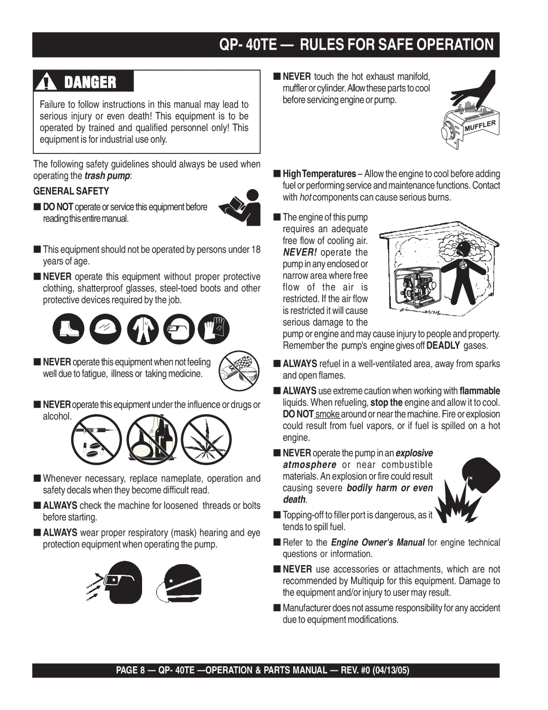 Multiquip QP-40TE manual QP- 40TE Rules for Safe Operation, Alcohol, Free flow of cooling air, Serious damage to 