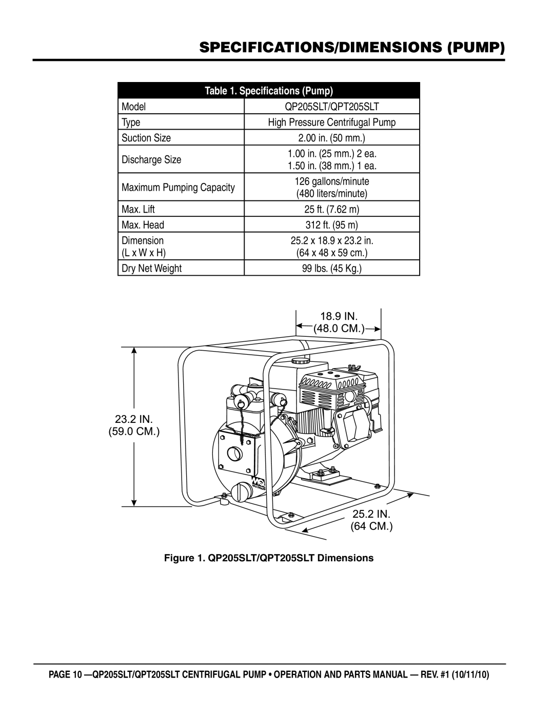 Multiquip QP205SLT, QPT205SLT manual SPECIFICATIONS/DIMENSIONS Pump 