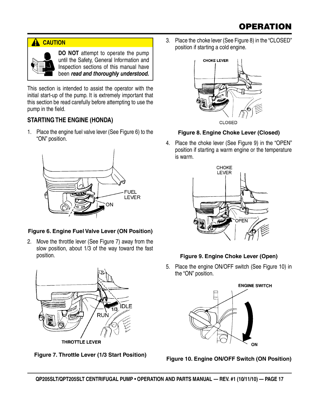 Multiquip QPT205SLT, QP205SLT manual Operation, Starting the Engine Honda 