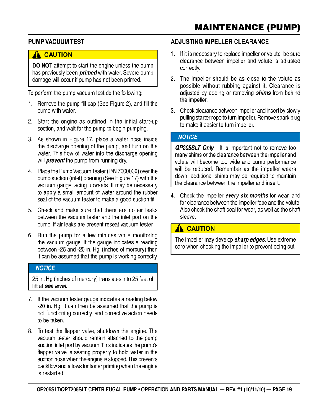 Multiquip QPT205SLT, QP205SLT manual Maintenance pump, Pump Vacuum Test, Adjusting Impeller Clearance 