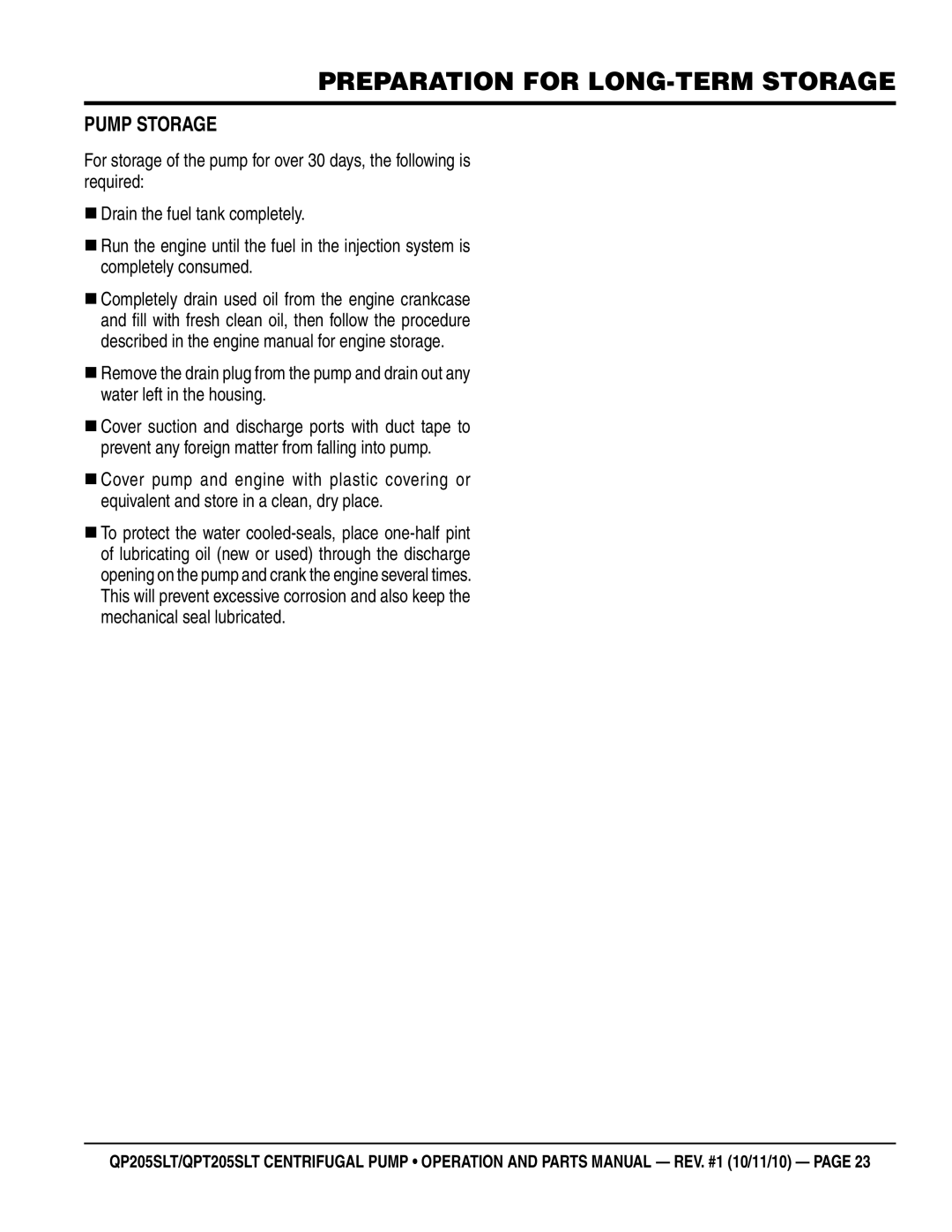 Multiquip QPT205SLT, QP205SLT manual Preparation for long-term storage, Pump Storage 