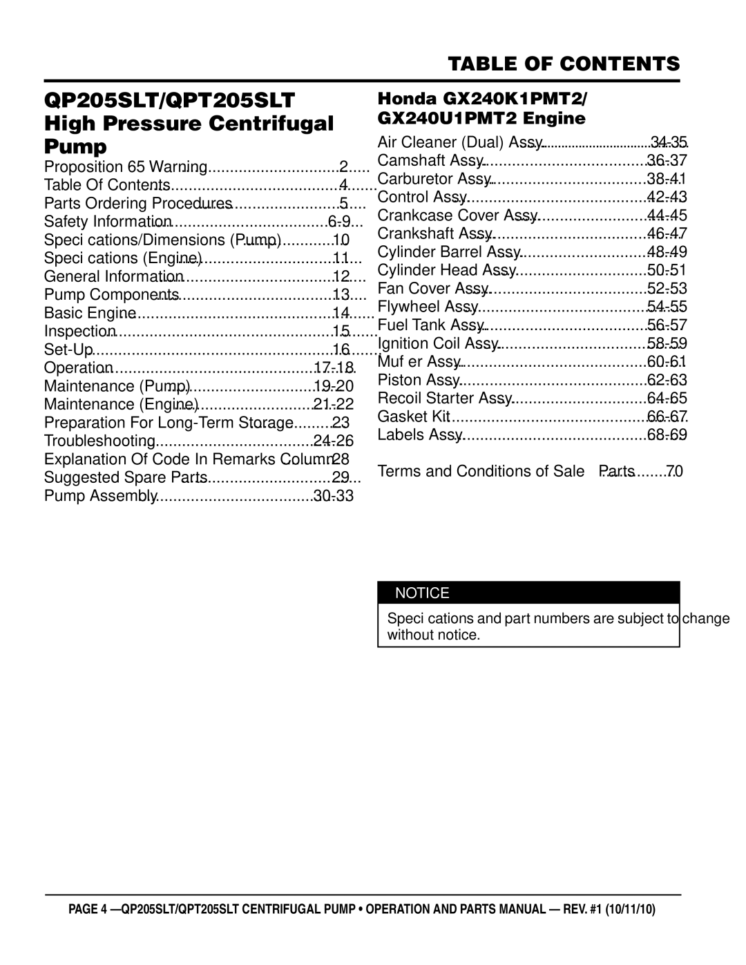 Multiquip manual QP205SLT/QPT205SLT, Table of Contents 