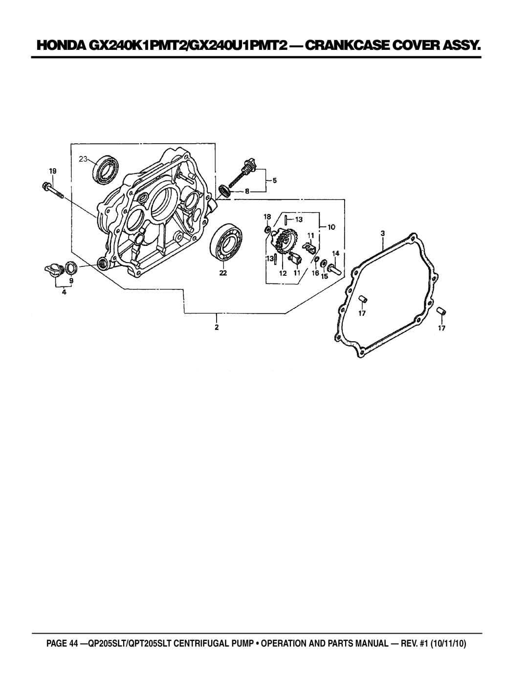 Multiquip QP205SLT, QPT205SLT manual Honda GX240K1PMT2/GX240U1PMT2 crankcase cover assy 