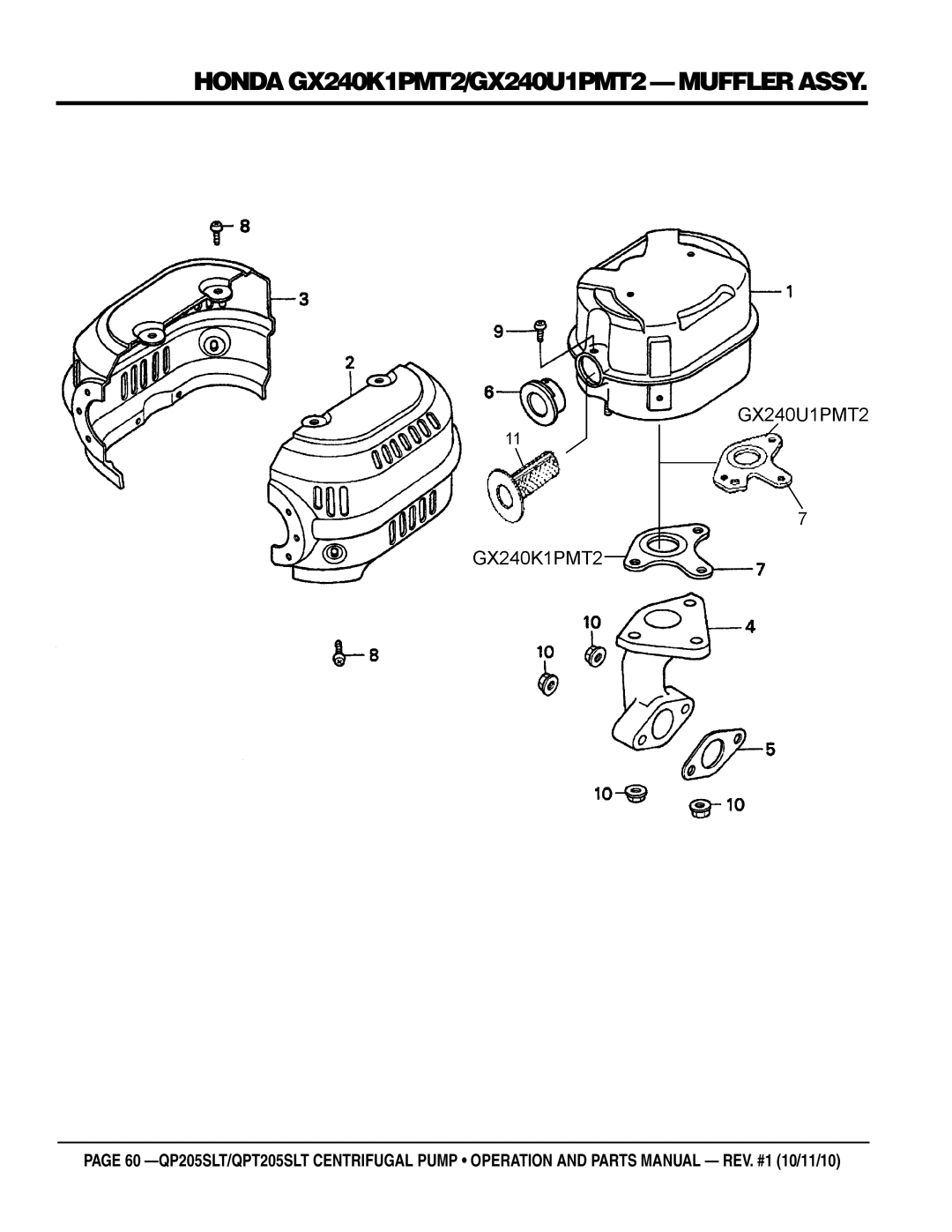 Multiquip QP205SLT, QPT205SLT manual Honda GX240K1PMT2/GX240U1PMT2 muffler assy 