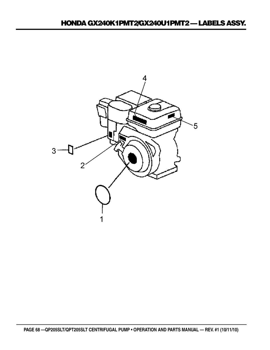 Multiquip QP205SLT, QPT205SLT manual Honda GX240K1PMT2/GX240U1PMT2 Labels Assy 