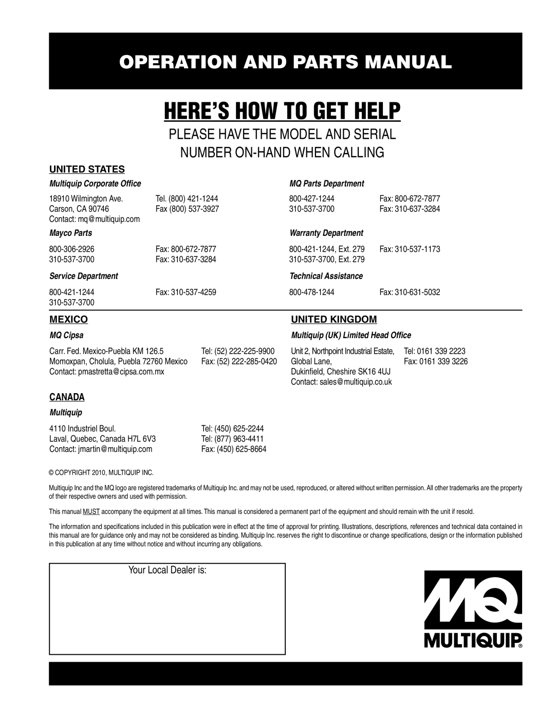 Multiquip QP205SLT, QPT205SLT manual HERE’S HOW to GET Help 