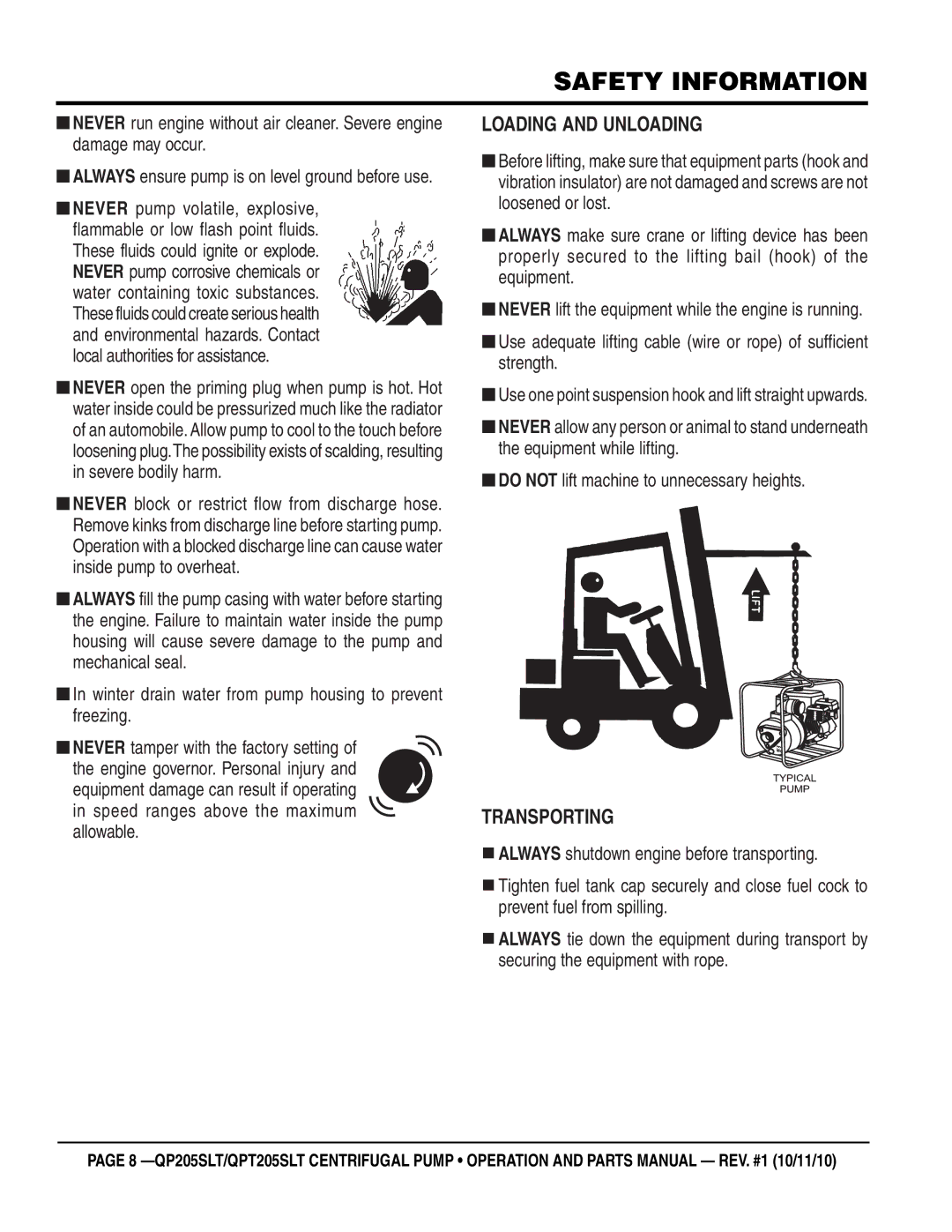 Multiquip QP205SLT, QPT205SLT manual Safety Information, Always ensure pump is on level ground before use 