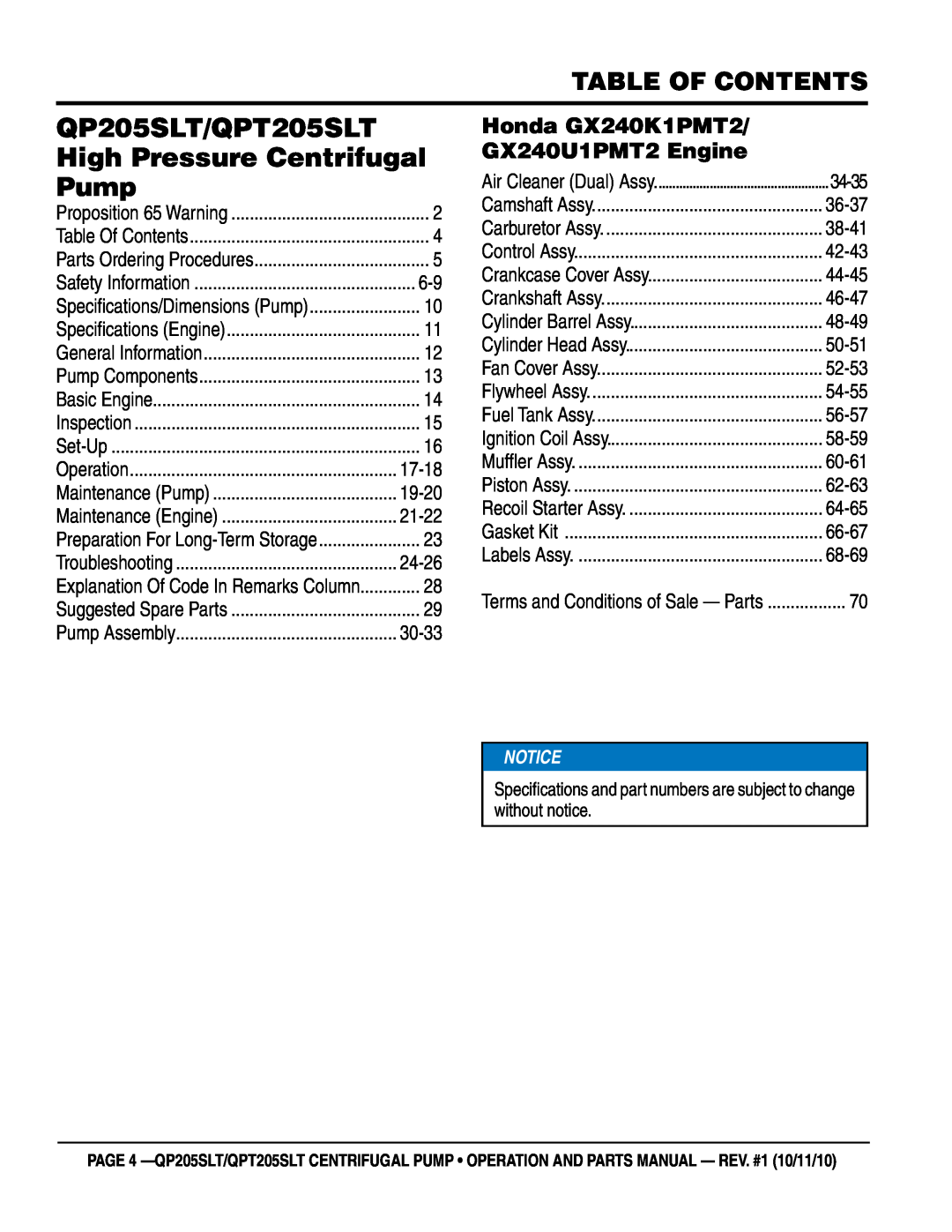 Multiquip Table of Contents, Honda GX240K1PMT2, GX240U1PMT2 Engine, QP205SLT/QPT205SLT, High Pressure Centrifugal, Pump 