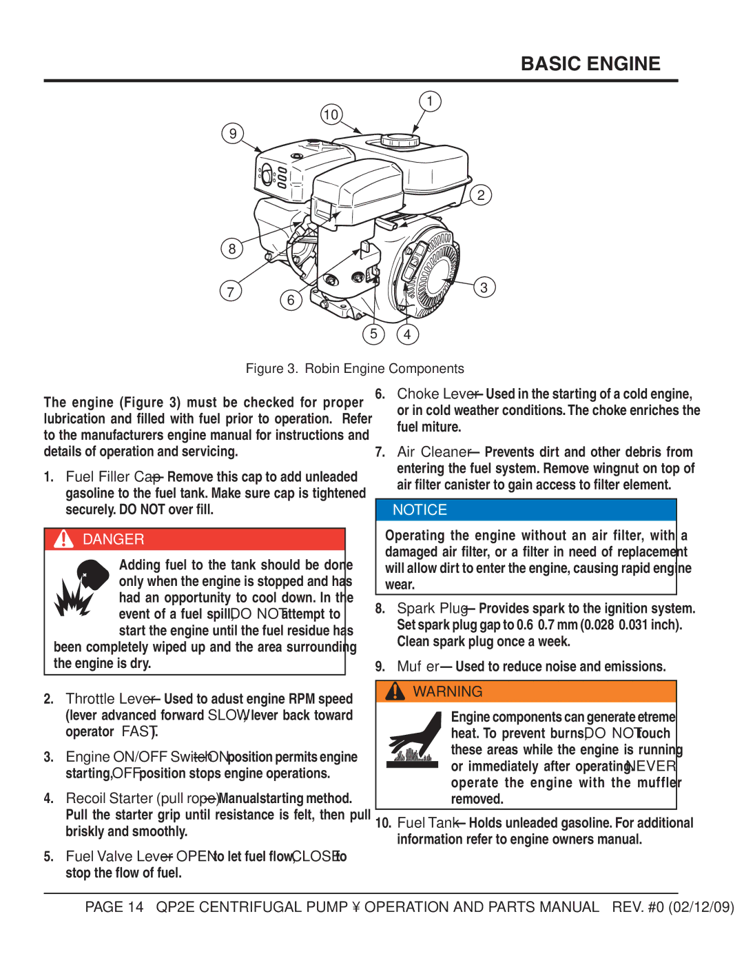 Multiquip QP2E manual Basic Engine, Mufﬂer Used to reduce noise and emissions 