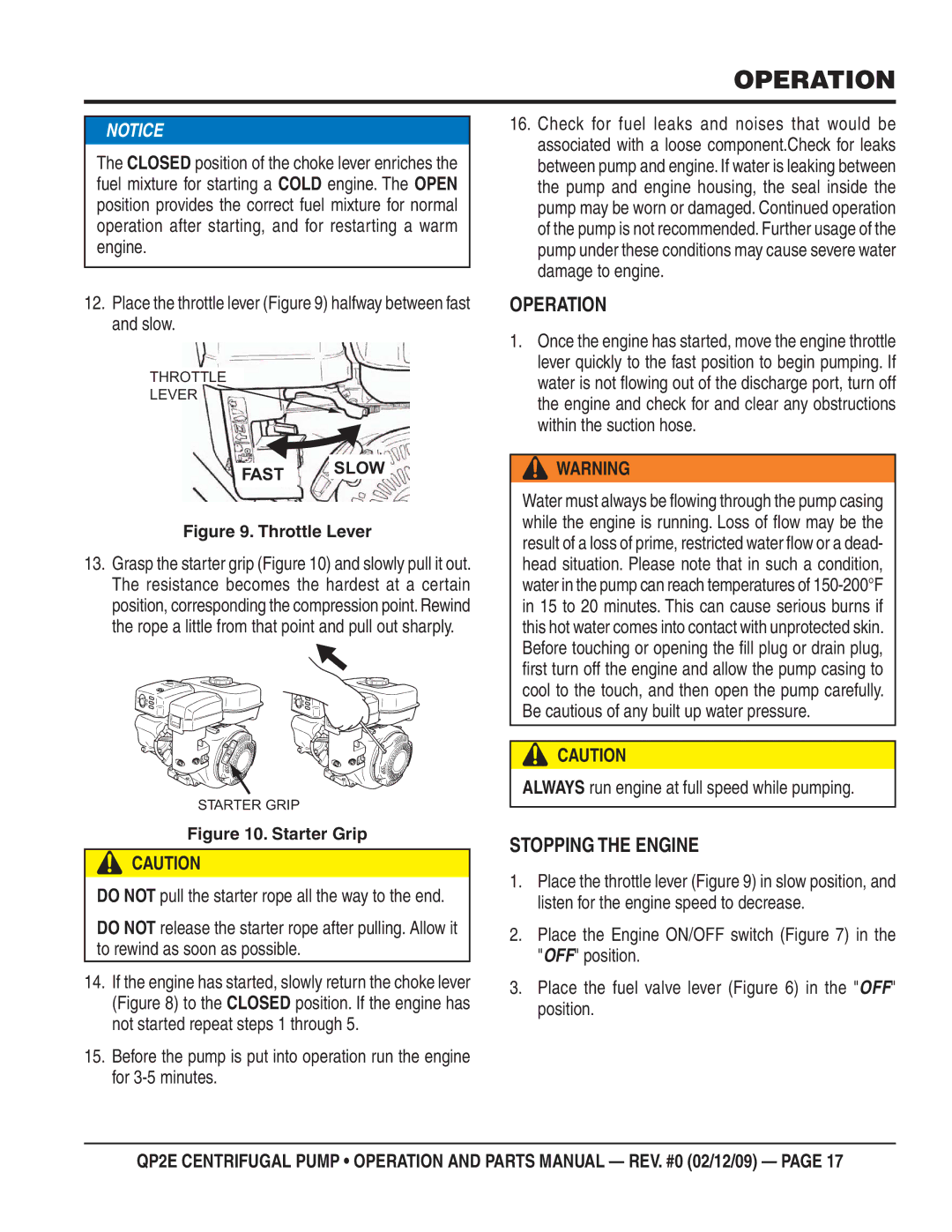 Multiquip QP2E manual Operation, Stopping the Engine, Do not pull the starter rope all the way to the end 