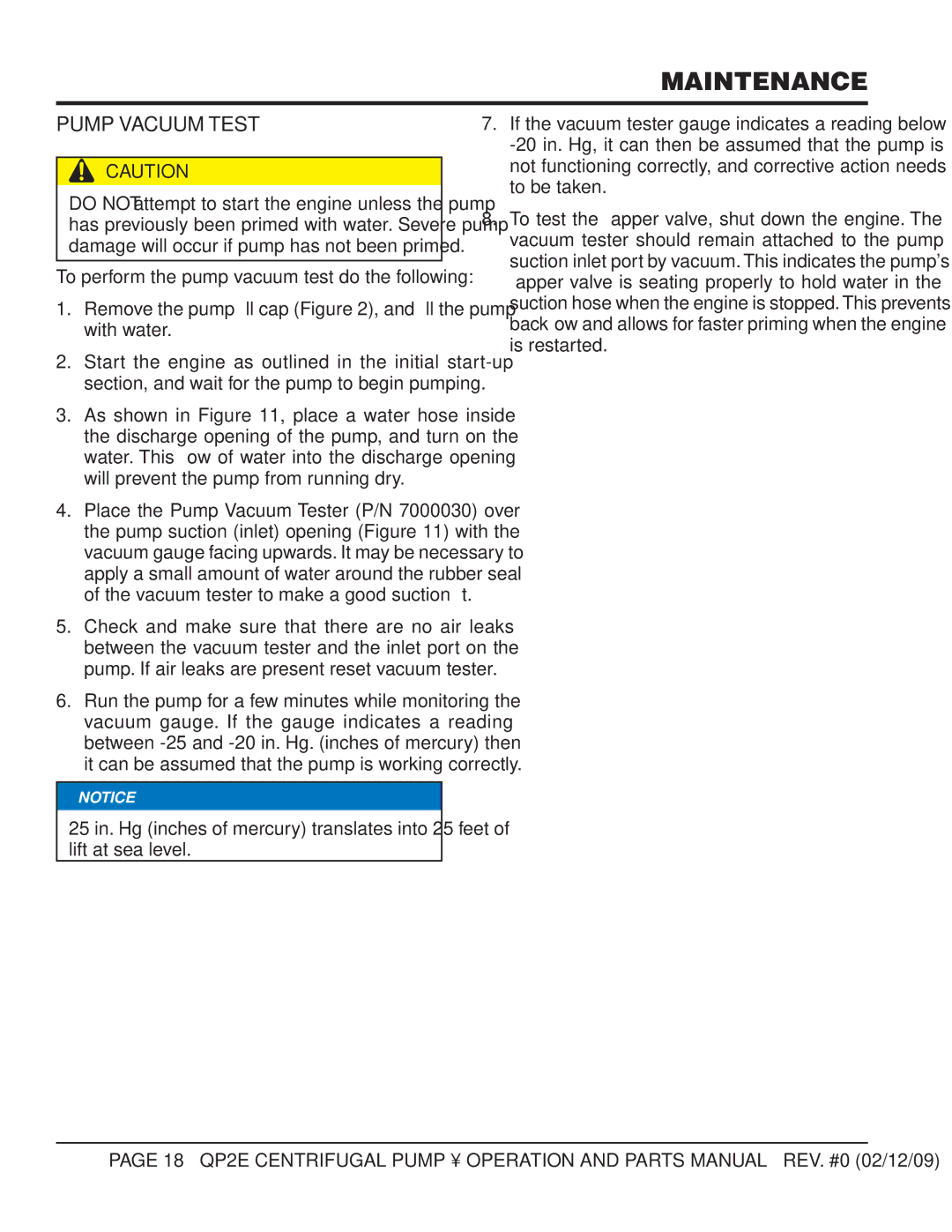 Multiquip QP2E manual Maintenance, Pump Vacuum Test 