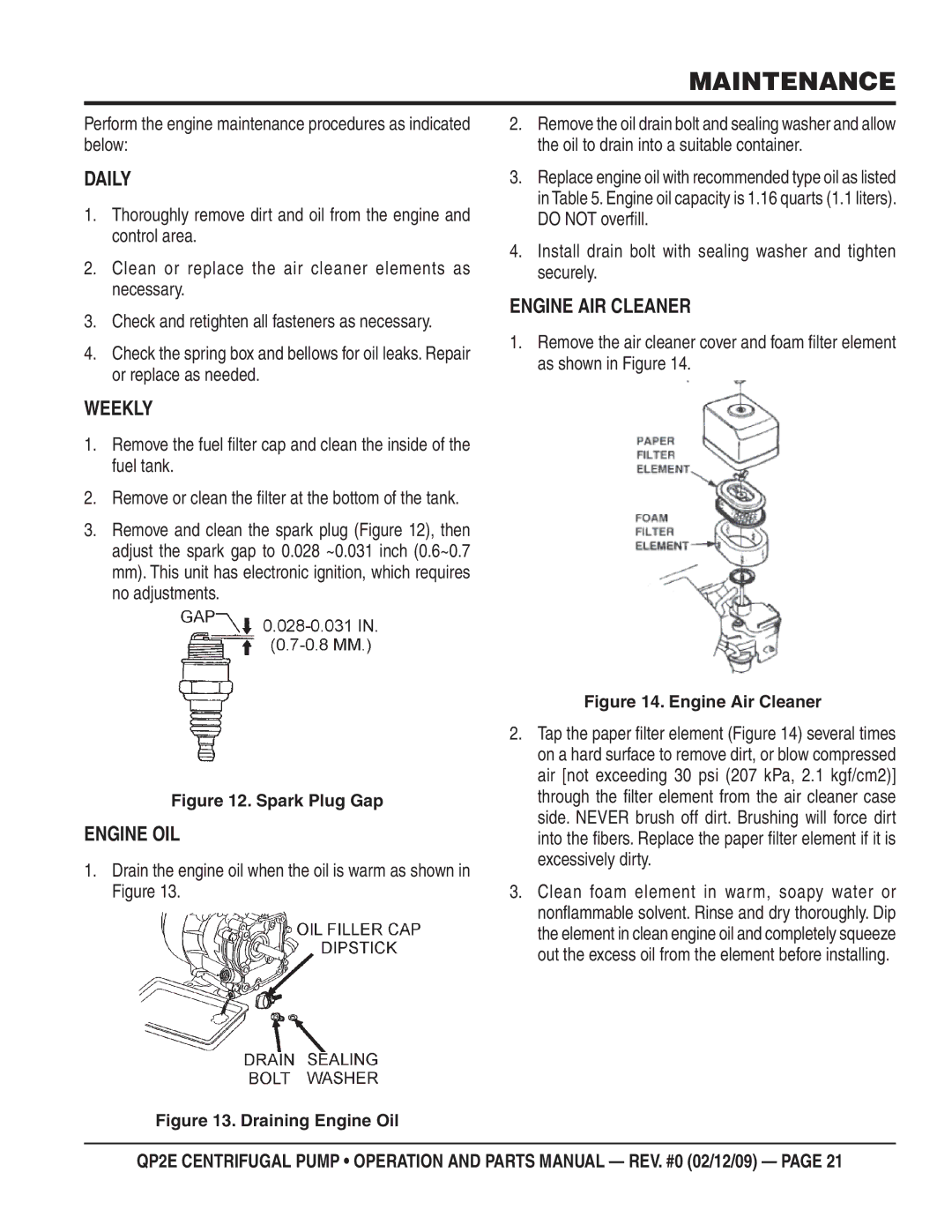 Multiquip QP2E manual Daily, Weekly, Engine AIR Cleaner, Engine OIL 