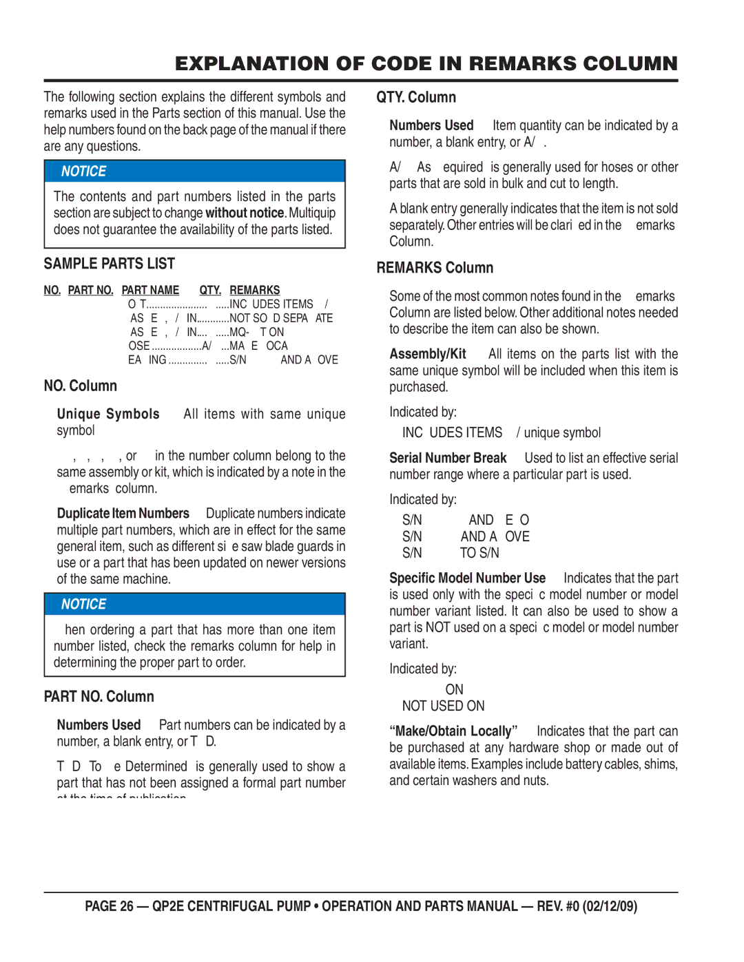 Multiquip QP2E manual Explanation of Code in Remarks Column, Sample Parts List 