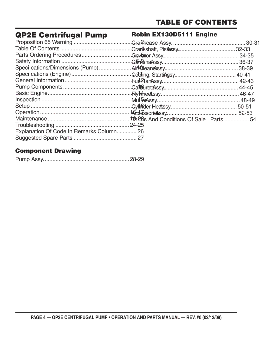 Multiquip manual QP2E Centrifugal Pump, Table of Contents 