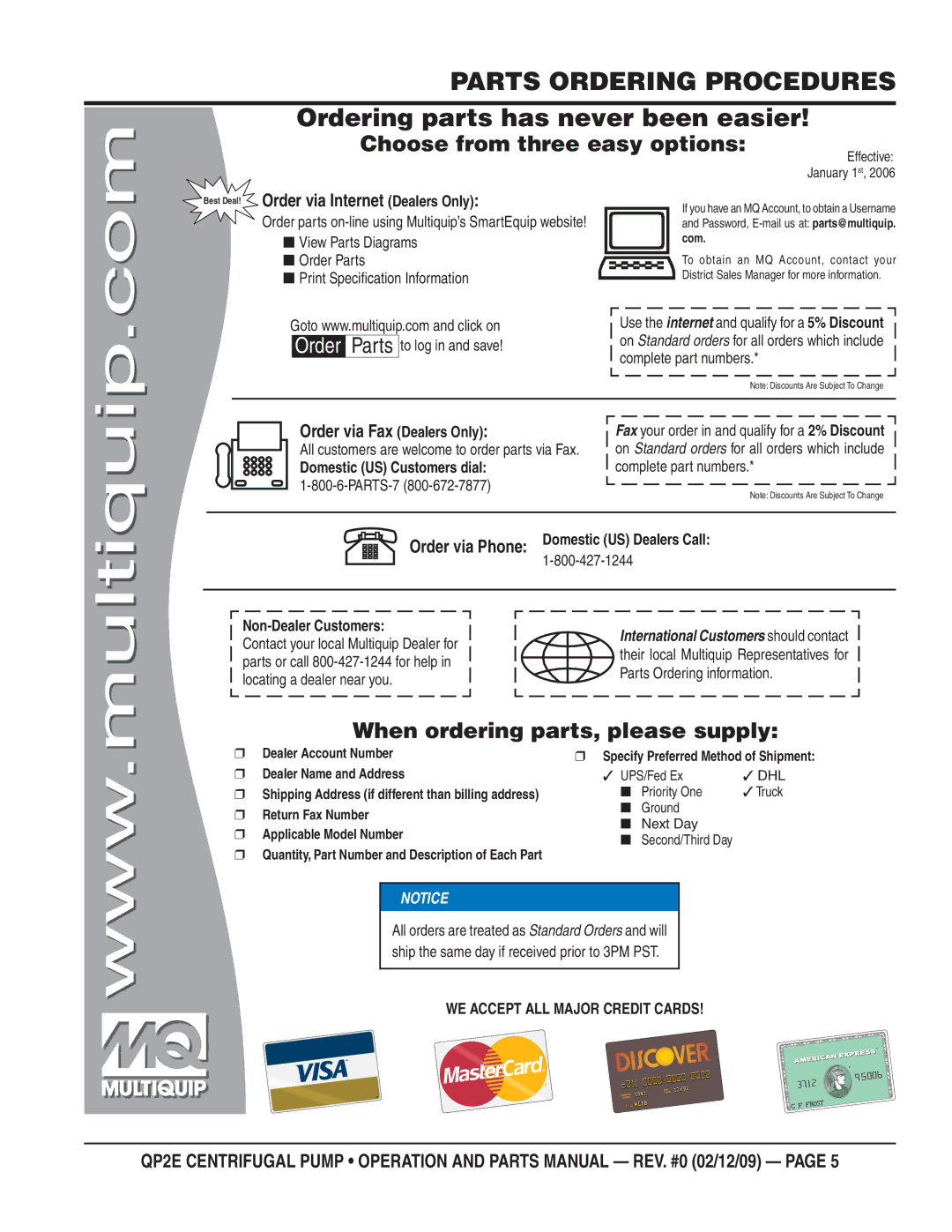 Multiquip QP2E manual Parts Ordering Procedures, Ordering parts has never been easier 