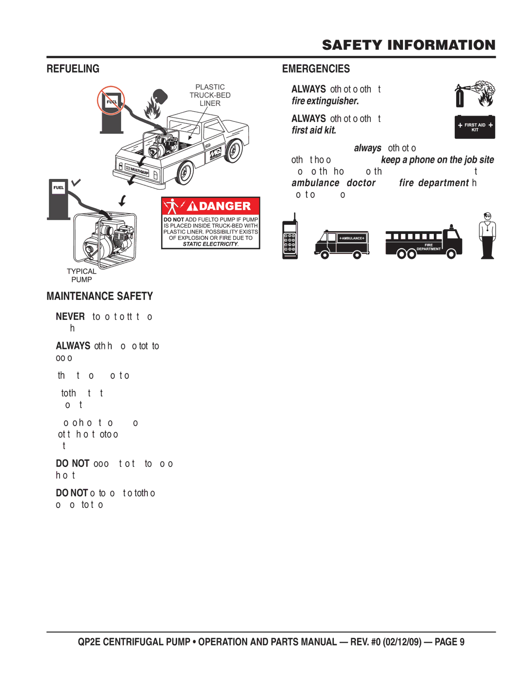 Multiquip QP2E manual Refueling Emergencies 