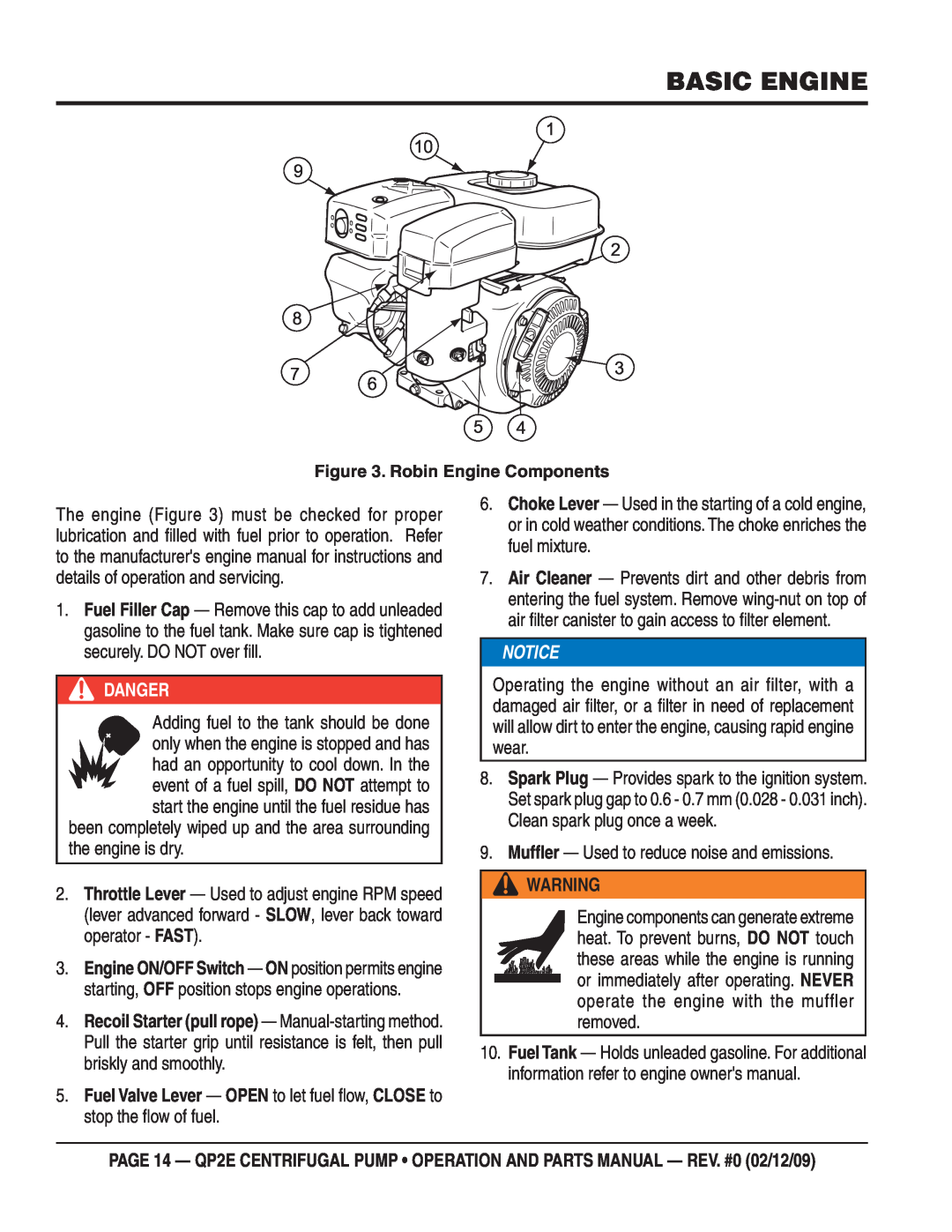 Multiquip QP2E manual Basic Engine, Notice, Danger 