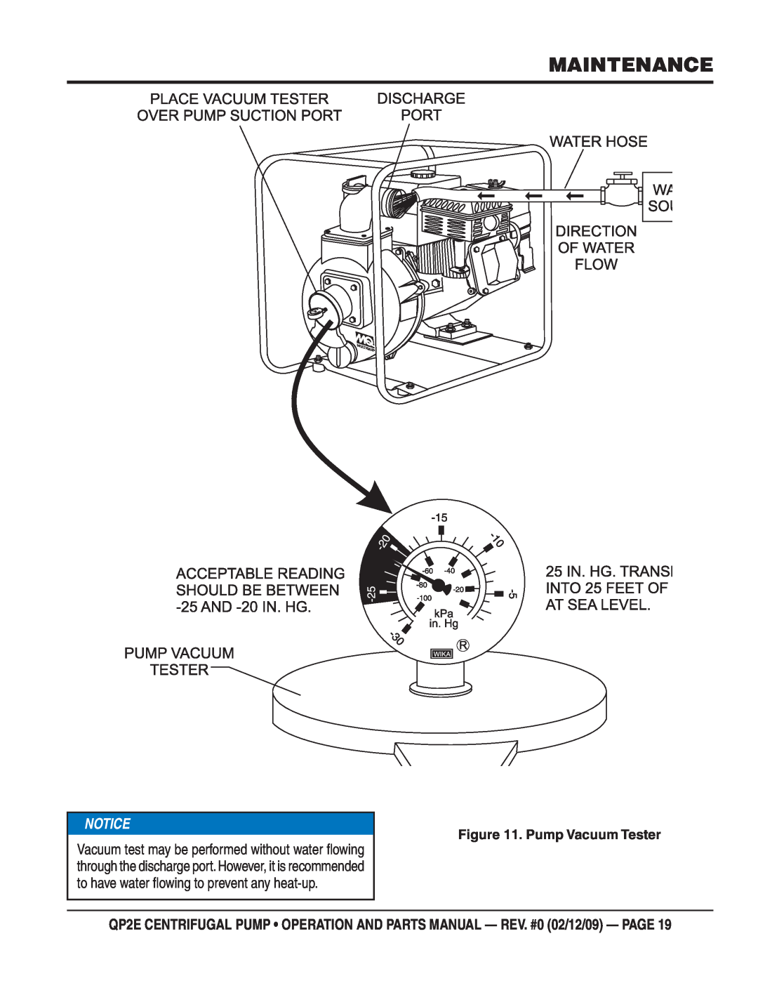 Multiquip QP2E manual Maintenance, Notice, Pump Vacuum Tester 