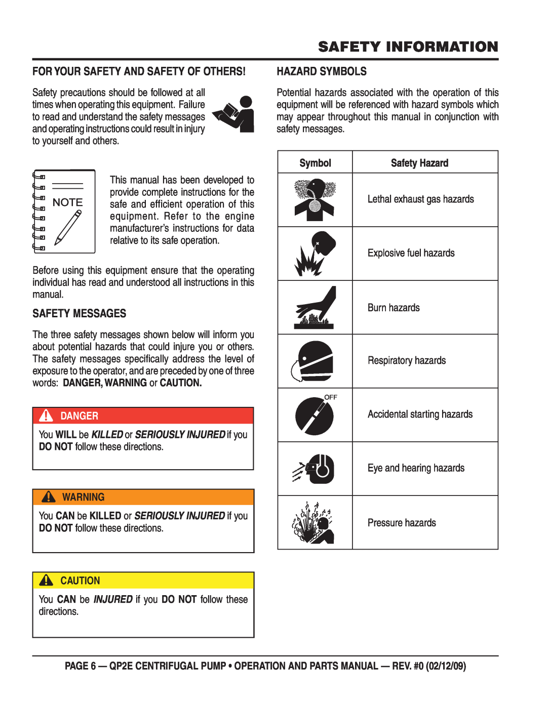 Multiquip QP2E manual Safety Information, Safety Messages, Hazard Symbols, For Your Safety And Safety Of Others, Danger 