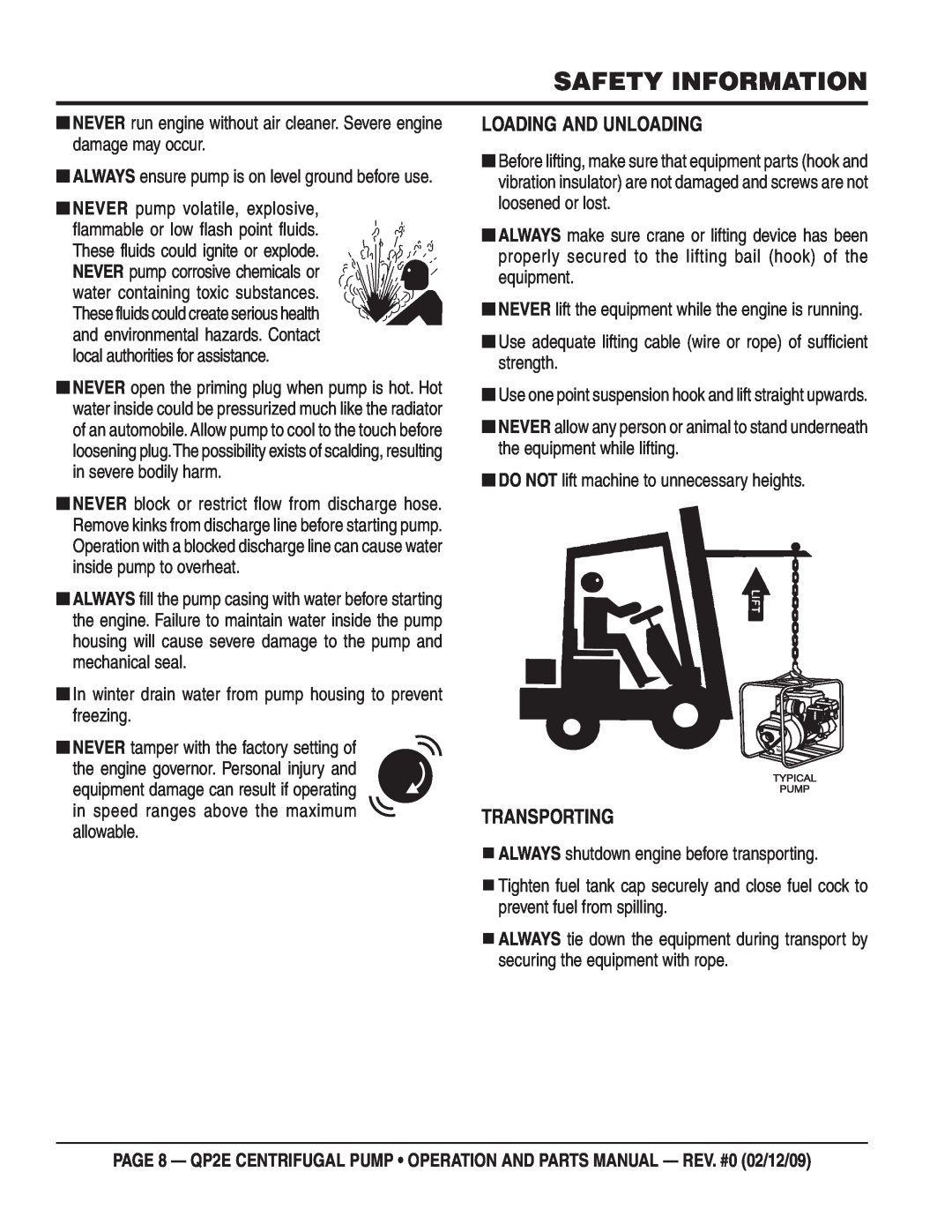 Multiquip QP2E manual Loading And Unloading, Transporting, Safety Information 