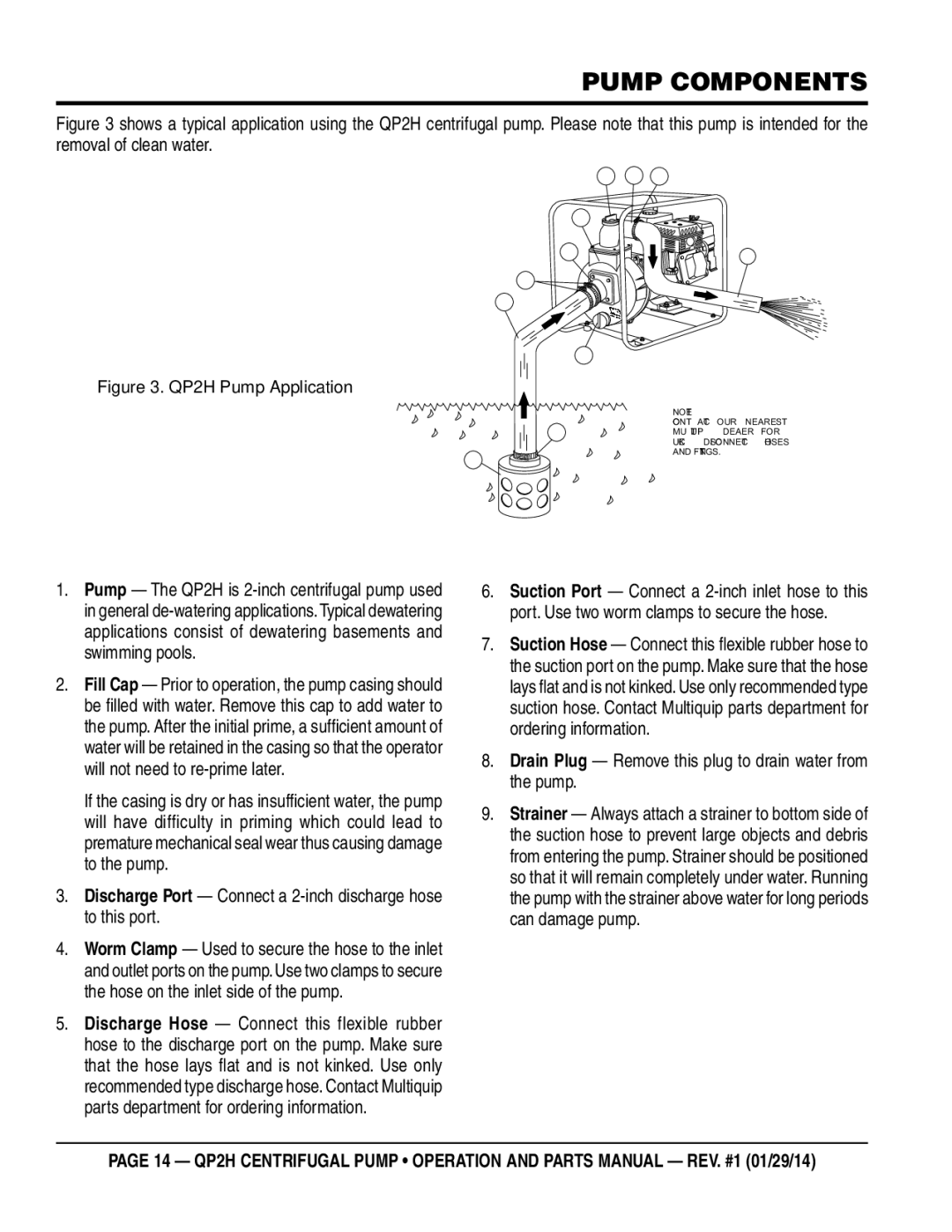 Multiquip QP2H manual Pump Components, Drain Plug Remove this plug to drain water from the pump 