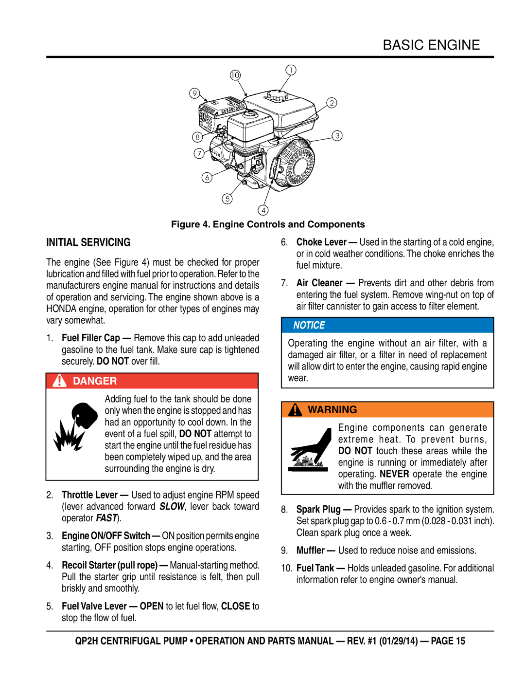 Multiquip QP2H manual Basic Engine, Initial Servicing, Muffler Used to reduce noise and emissions 